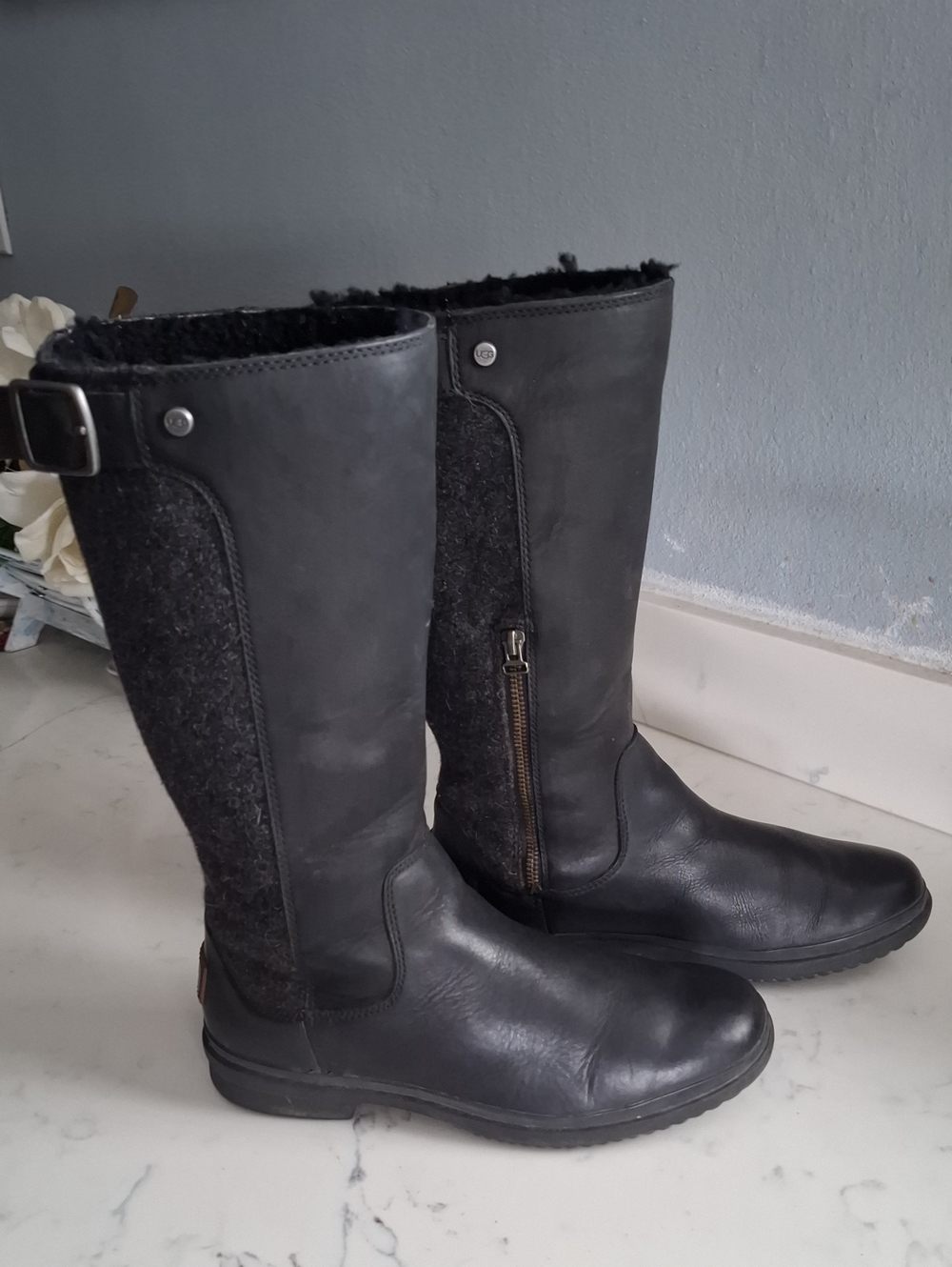 Ugg Waterproof Women's Black Tall Leather & Wool Blend Zip Riding Boots
